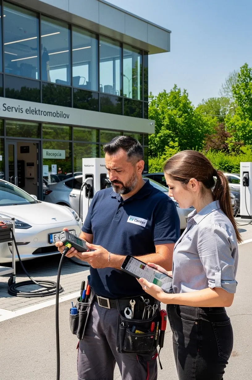 Detailný pohľad na konektory a batériové moduly elektrického auta v servisnej hale.
