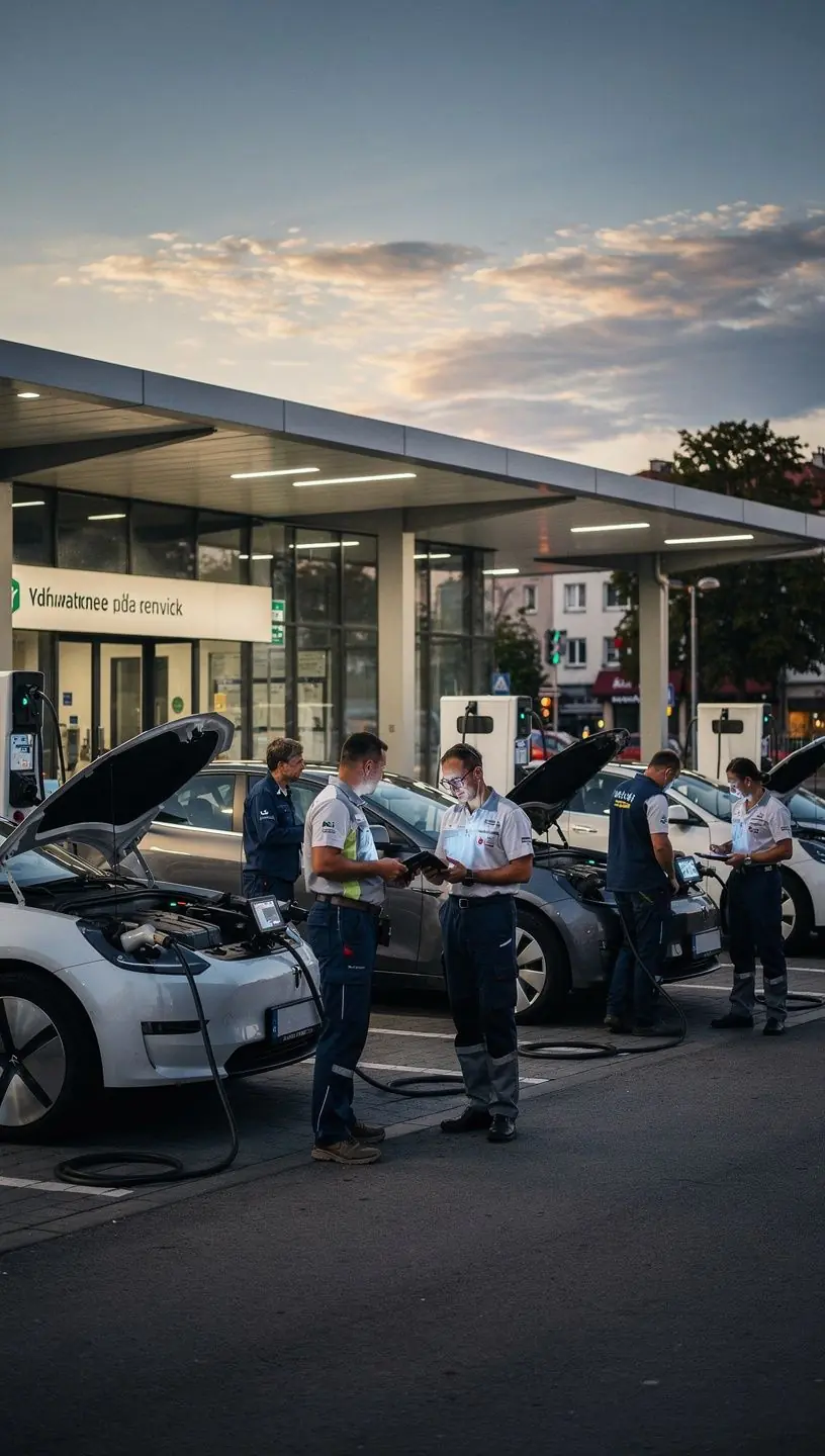 Servisný tím vykonáva preventívnu údržbu batérie v hybridnom automobile.