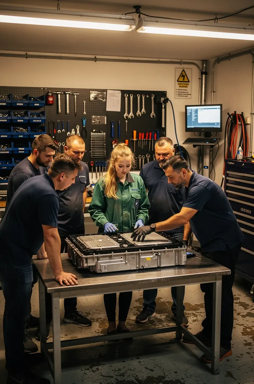 Technik kontroluje elektrickú batériu v modernom hybride na servisnej linke.